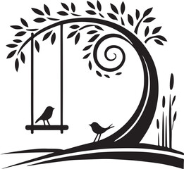 Birds Couple Silhouette Vector, Birds on swing on branch, Wall Decals, Birds in love, Wall Art, Art Decor.