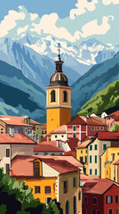 Obraz premium Illustration, Cityscape of Brixen, Bressanone in Italy, Italian alps. Touristic advertisement poster. Promotional touristic poster. Beautiful city in Italy. Must-see tourist travel destination. Mediev
