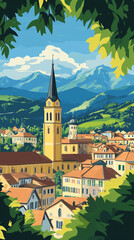 Obraz premium Illustration, Cityscape of Brixen, Bressanone in Italy, Italian alps. Touristic advertisement poster. Promotional touristic poster. Beautiful city in Italy. Must-see tourist travel destination. Mediev
