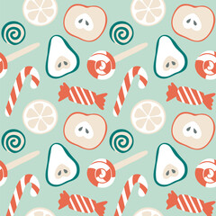 Simple Modern Christmas Fruit and Sweets Seamless Pattern. Cute flat apple, pear, orange, slice. Perfect print for fabric, wrapping paper or cover.