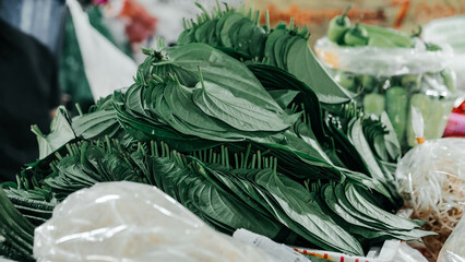 Vibrant green leaves stacked high at a bustling market, perfect for a variety of culinary dishes and delicious recipes