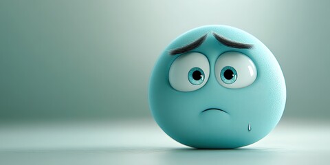  Sad-faced blue emoji with furrowed brows and teardrop, sitting on soft-lit surface, capturing emotion, vulnerability, and a sense of melancholy in a relatable design.
