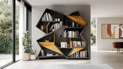 Fototapeta premium Modern Geometric Bookshelf Design in Contemporary Living Space