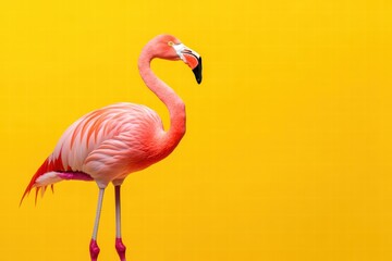 Fototapeta premium Elegant Pink Flamingo Standing Against Bright Yellow Background