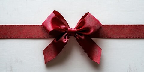  Silky red ribbon tied into a perfect bow resting on a white surface, its vibrant hue and shiny texture creating a striking yet minimalistic design.
