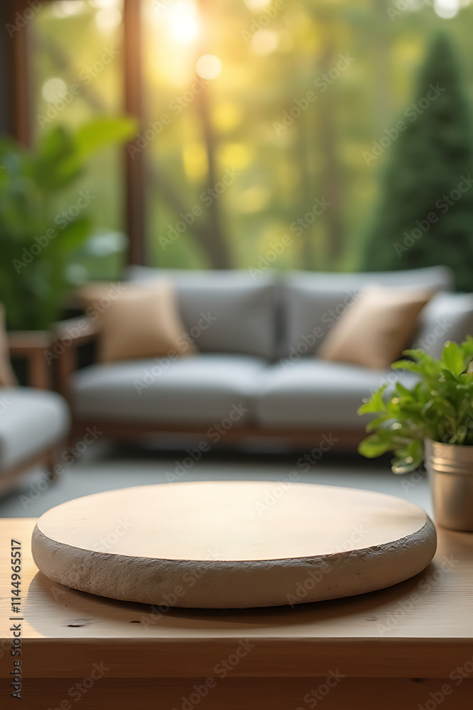 Poster Sandstone top product display platform features a living room and garden setting in the bokeh background._00002_
