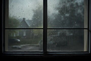 The Serene Symphony of Steady Downpour: An Intimate Perspective of Raindrops on Window Panes Amidst a Stormy Day