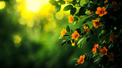 Obraz premium A scenic view of blooming flowers in natural sunlight, featuring lush greenery and soft-focus background.