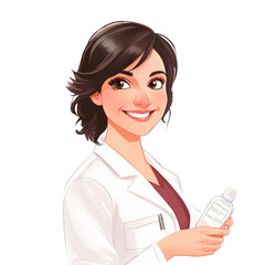 Smiling female doctor or pharmacist in white coat holding a medicine bottle health care professional medical consultation and treatment concept isolated on white background illustration