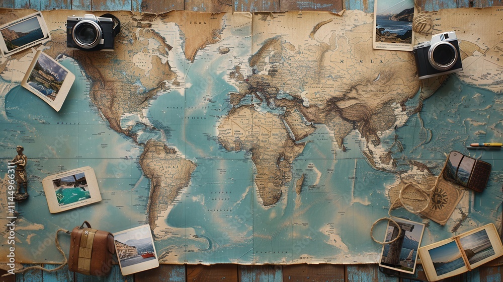 Aufkleber Travel memories captured on a world map backdrop with room for adventure planning. Generative AI