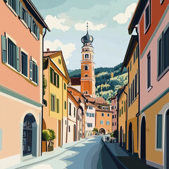 Illustration, Cityscape of Brixen, Bressanone in Italy, Italian alps. Touristic advertisement poster. Promotional touristic poster. Beautiful city in Italy. Must-see tourist travel destination. Mediev