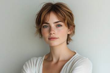 Fototapeta premium Young woman with short hair poses against a light background