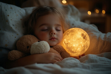 Child peacefully sleeping with teddy bear and glowing moon lamp