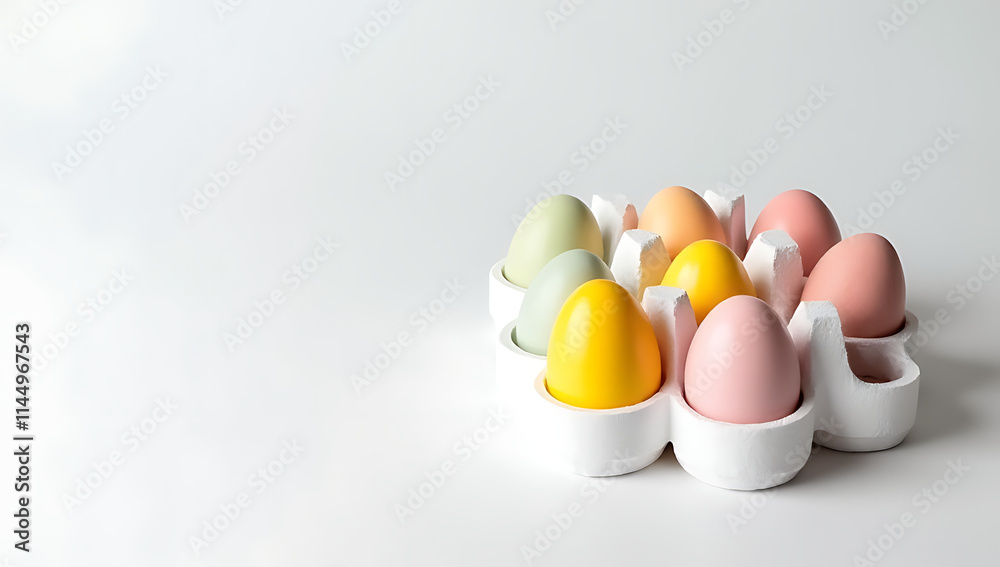 Aufkleber Polystyrene foam with colorful eggs placed on a plain white surface provides a visually appealing contrast and interesting texture._00002_