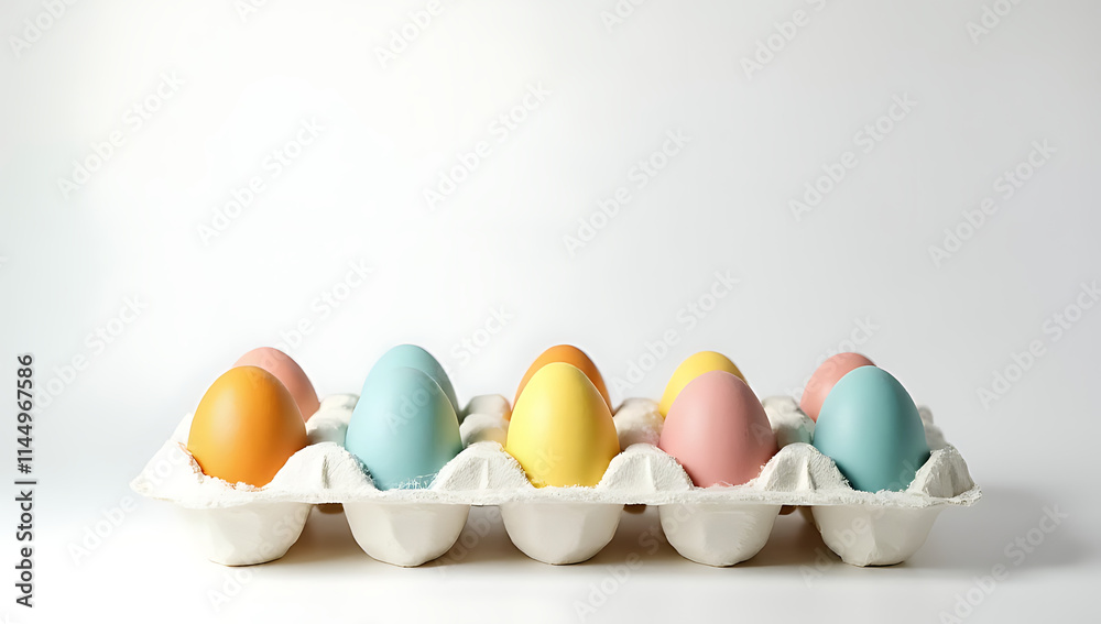 Aufkleber Polystyrene foam with colorful eggs placed on a plain white surface provides a visually appealing contrast and interesting texture._00001_