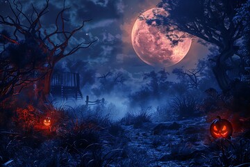 Fototapeta premium Halloween background with full moon and spooky landscape. 3d rendering