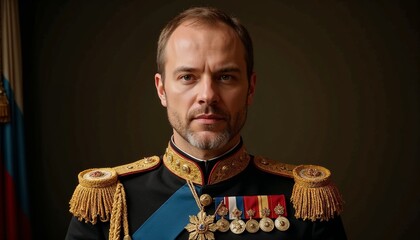 Honored Tsarist officer in full-dress military uniform decorated with medals and insignia