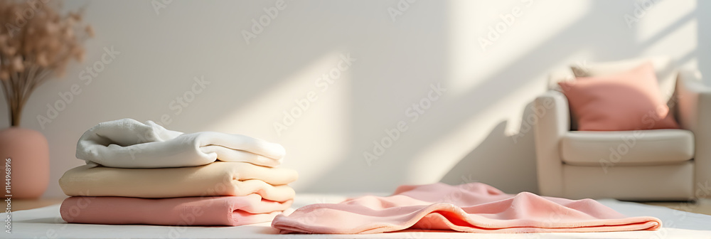 Aufkleber pastel colored clothing items are placed on a clean house background with minimal furniture to show 