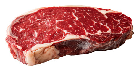 Obraz premium Raw ribeye steak isolated on transparent background, fresh marbled beef cut closeup. Gourmet ingredient and culinary concept