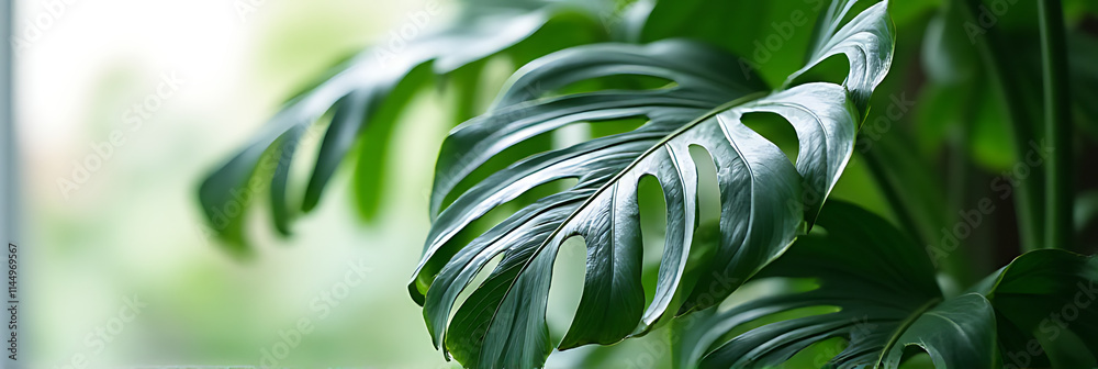 Poster onstera leaves in selective focus create a tropical and botanical decoration design background with 