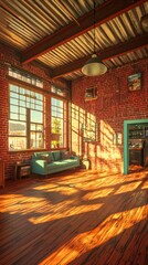 Naklejka premium A cozy, sunlit industrial-style living space with brick walls and wooden floors.