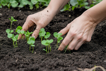 Close-up of hands planting seedlings in moist soil, focus on the green leaves and small roots