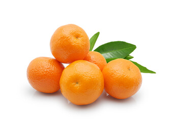 Heap of ripe mandarin orange (tangerine or clementine) with fresh lush foliage isolated on white background