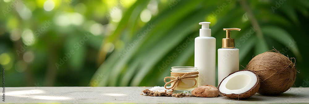 Aufkleber Nature products displayed on a concrete table amidst a blurred coconut leaf background in a summer setting._00002_