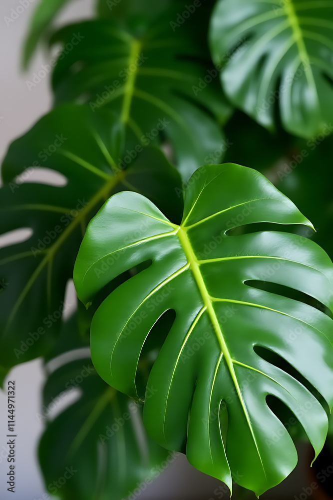 Poster Monstera leaves with selective focus add a colorful touch to indoor decorating compositions and enhance their visual appeal instantly always._00002_