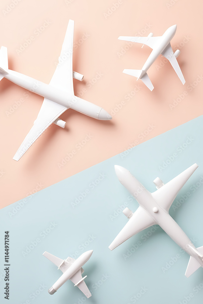 Poster model planes and airplanes are arranged against soft pastel colored backgrounds in a flat lay design