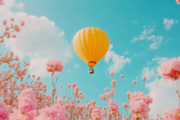 Obraz premium Bright yellow hot air balloon soaring above pink flowers under a clear blue sky in a scenic landscape