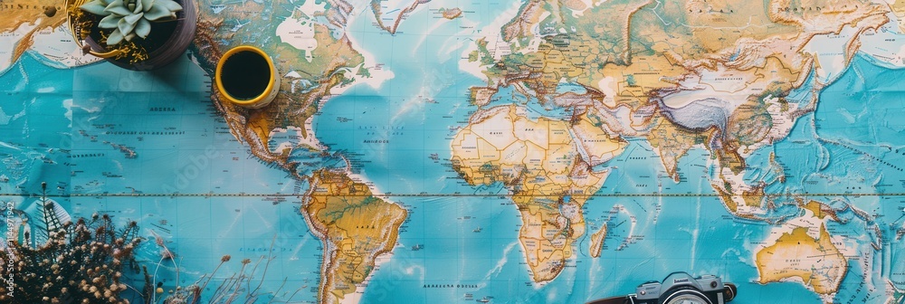 Poster travel photos arranged on a world map backdrop with vibrant colors and open space for creative ideas