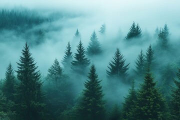 Fototapeta premium A forest with trees covered in mist