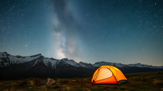  Illuminated tent camping under the milky way. Night sky starry night Milky Way camping