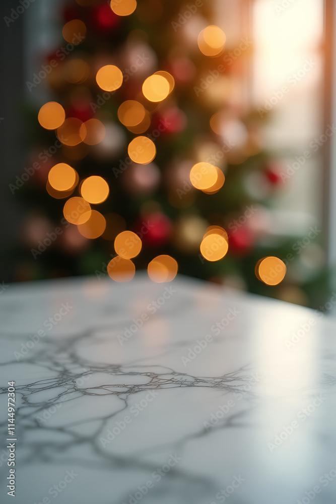 Poster marble tabletop with selective focus features blurred light in the background for a new year and chr