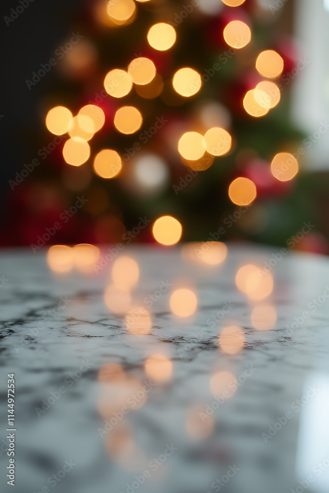 Poster marble tabletop with selective focus features blurred light in the background for a new year and chr