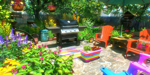 Backyard Patio with Gas Grill and Flowerbeds