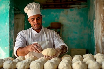 Passionate baker shaping dough in a rustic kitchen filled with freshly made bread