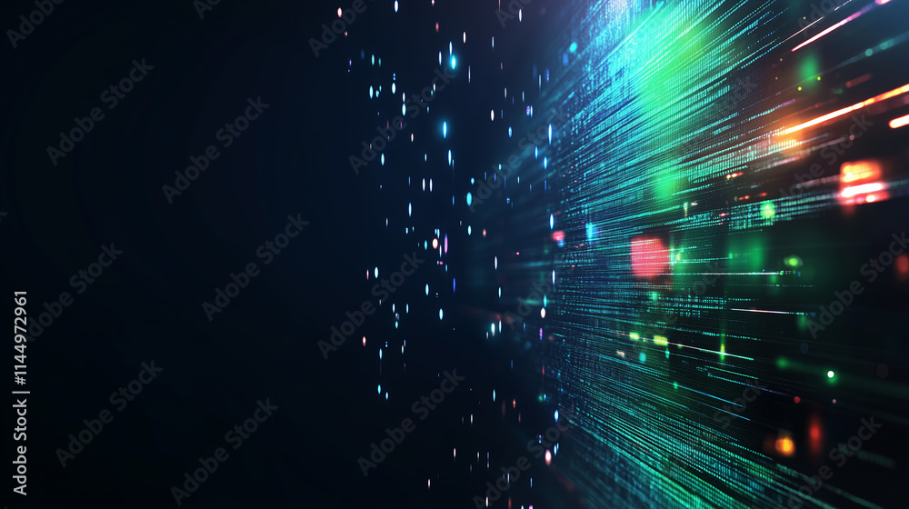 Poster dynamic light trails create an abstract visual effect in a dark digital landscape