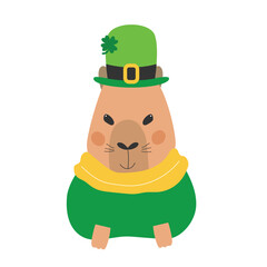 Saint Patrick's Day happy capybara. Fun patrick character in leprechaun hat. Saint Patrick's Day concept. Vector illustration.