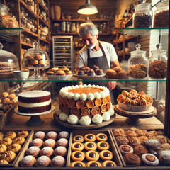 Confeitaria artesanal com vitrines de doces