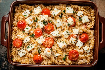 Delicious baked feta pasta with cherry tomatoes and herbs ready to serve