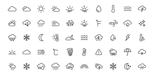 Weather icons. Weather forecast icon set line icons climate collection. clouds, sunny day, moon, snowflakes, wind. editable stroke icons set isolated vector on white background