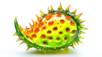 A minimalist photograph of a spiky exotic fruit, glowing neon green outer surface with metallic orange highlights, opened to reveal a crystalline interior resembling delicate jelly, meticulously isola