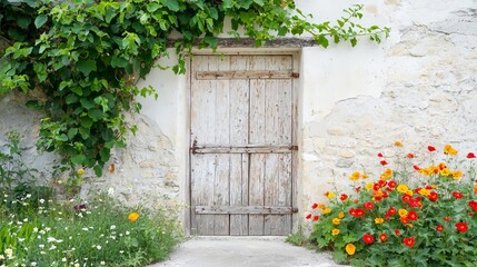 Summer rural landscape farmland warmth concept. Weathered wooden door surrounded by vibrant flowers and lush greenery.