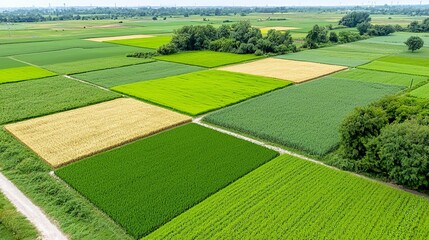 Summer rural landscape farmland warmth concept. Aerial view of vibrant agricultural fields with varied crops.