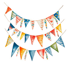 Obraz premium Colorful watercolor bunting flags, festive party decorations, hand-painted illustration for celebrations and creative design projects.