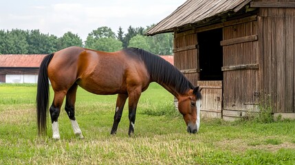 Obraz premium Summer rural landscape farmland warmth concept. Horse grazing in a green field near a rustic wooden barn.