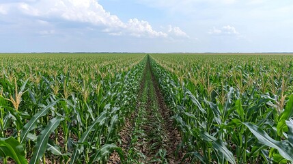 Fototapeta premium Summer rural landscape farmland warmth concept. Lush cornfield stretching toward the horizon under a blue sky.