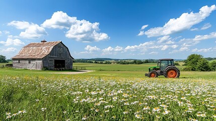 Fototapeta premium Summer rural landscape farmland warmth concept. Rural landscape with a tractor and a barn under a blue sky.
